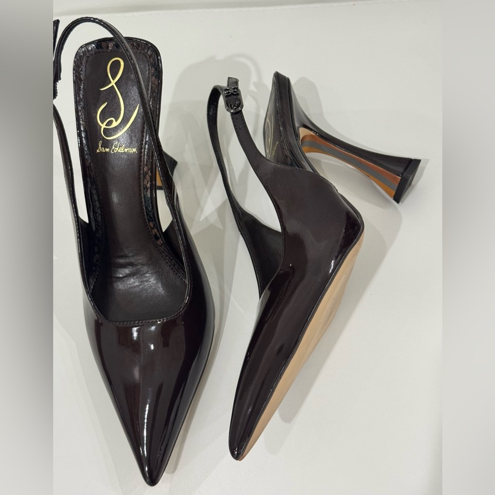 Sam Edelman Patent Leather Pointed Slingback Pumps in Dark Brown - Picture 2 of 8